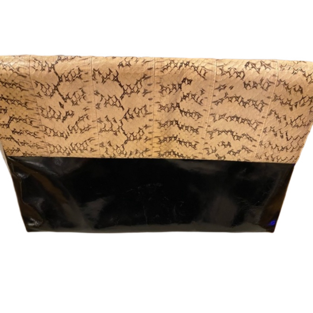 Vintage Polly Bergen Black Patent Leather & Faux Snakeskin Oversized Clutch Bag